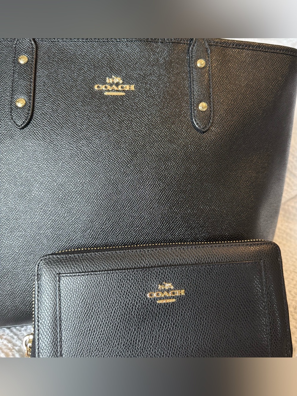 Coach Black Pebbled Zip-Around Wallet with Gold Logo - Picture 8 of 9